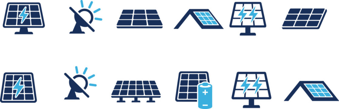 Solar energy icons, renewable power symbols, photovoltaic panel graphics, battery storage visuals, rooftop solar illustrations, clean energy design, eco-friendly technology