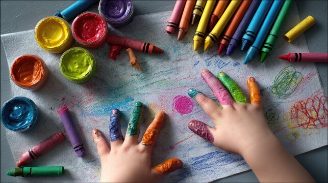Child's hands covered in colorful finger paints and crayons, creating art on paper