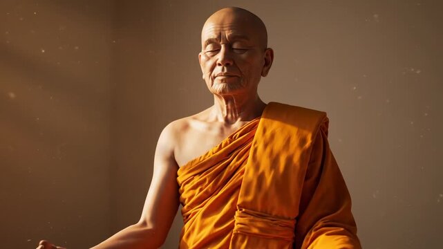 A serene meditating figure, robed in orange, in a peaceful setting with sunlight