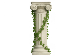 Ionic column structure with classical greek capital and marble texture, featuring green ivy climbing, isolated on transparent background
