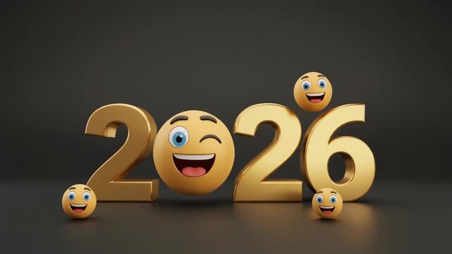Cute Emoji Faces Dancing Around Gold 2026 Text for Social Media