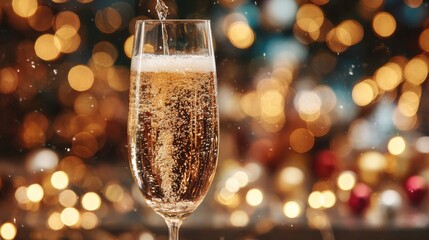 Champagne glass, bubbles, festive bokeh