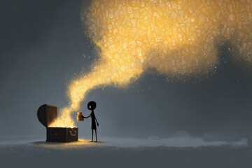 Dark figure opens treasure chest, golden ideas emerge