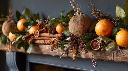 Festive garland of oranges, spices, and foliage on a dark mantelpiece