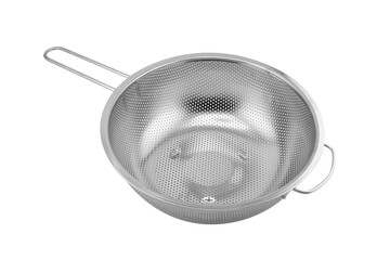 Metal kitchen sieve isolated on white background. Steel kitchen colander  isolated.