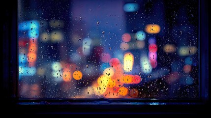 Rainy night city lights seen through a window