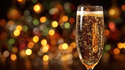 Champagne flute in focus, festive bokeh