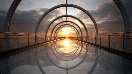 Futuristic walkway over water at sunset