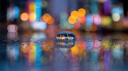 A rain-slicked surface reflects a city's vibrant night lights through a clear water droplet