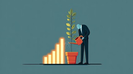 Businessman waters plant, growth chart glows