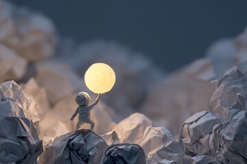 Tiny figure holding lit moon, crumpled paper mountains