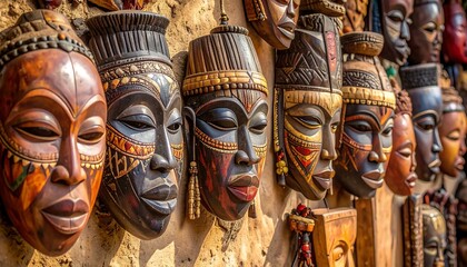 Diverse wooden African masks hang on a textured wall, exhibiting cultural artistry and decorative craftsmanship