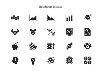 Stock market exchange and broker, candle stick trading glyph icon set. Growth Graph minimal icons analytics in bull and bear market up and down trend. Risk level of currency rate trade solid vector.