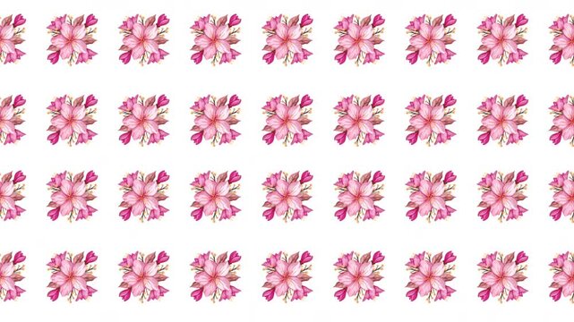A contemporary motion graphic featuring a tight, repeating pattern of abstract, four petaled pink geometric floral shapes, excellent for minimalist packaging or web design elements.