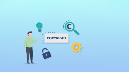 Soft copyright document with simple icons in clean pastel scene for digital copyright, patent protection