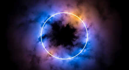 Ethereal Glowing Circle Surrounded by Colorful Clouds in the Dark Background