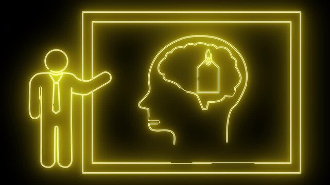 Neon outline of a businessman pointing to a brain with a price tag inside all within a doublelined rectangular border