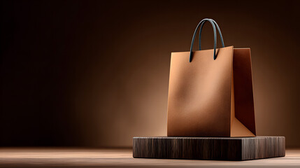 Tan shopping bag on wood pedestal mockup presentation advertising retail branding business luxury commerce creative modern stylish plain 3d render