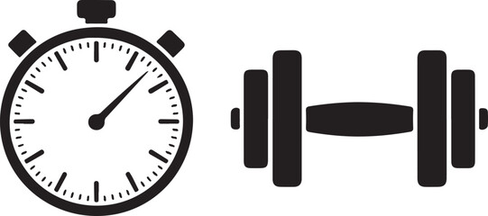 Black and white icon of a stopwatch and a dumbbell timer clock