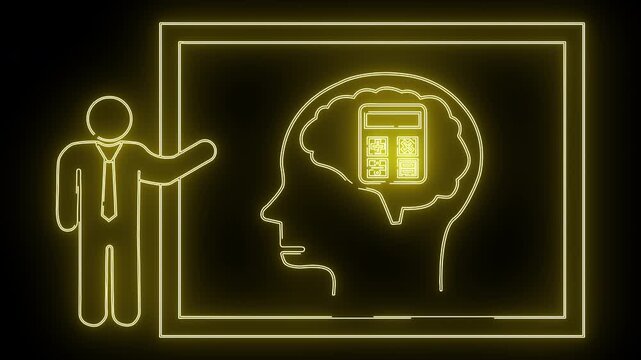 Neon image person presenting brain with calculator on screen glowing yellow on black background