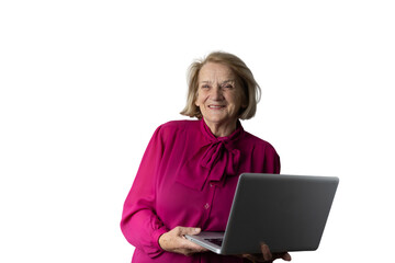 Fototapeta premium Senior woman smiling using a laptop, transparent background