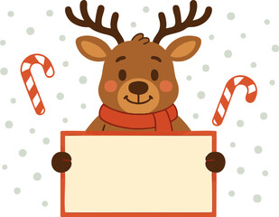 Naklejka premium Cute Christmas Reindeer with Blank Sign and Candy Canes