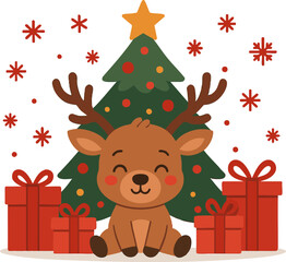 Naklejka premium Cute Reindeer Sitting by Christmas Tree with Gifts