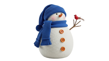 Isolated snowman figure with blue scarf and hat, orange carrot nose, twig arm and red bird