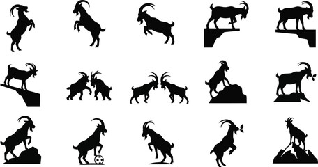 Goat silhouette collection diverse poses of mountain goats on rocks
