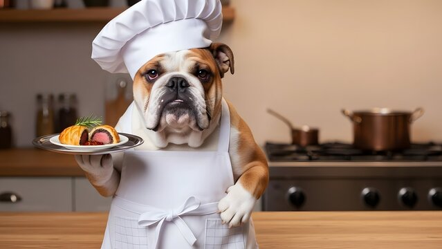 Bulldog chef serving a gourmet beef Wellington dish in a warm kitchen, embodying culinary excellence concept and sophisticated pet humor