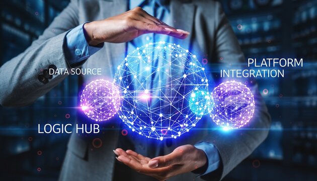 Businessman holding digital sphere hologram for data source platform integration and logic hub connection in future technology network system with security protection and global information management - Powered by Adobe