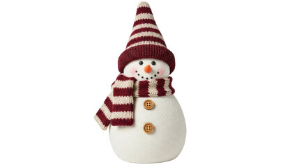 Isolated Christmas snowman toy with red striped hat and scarf on a soft, textured background