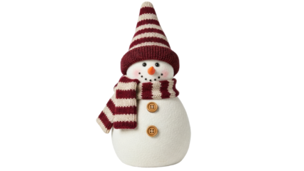 Isolated Christmas snowman toy with red striped hat and scarf on a soft, textured background