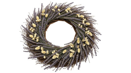Fototapeta premium Isolated decorative door wreath with lavender and bunny tail grass; elegant design element