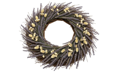 Isolated decorative door wreath with lavender and bunny tail grass; elegant design element