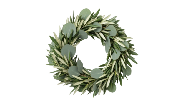 Isolated lush wreath made of natural green olives and eucalyptus leaves for decoration use