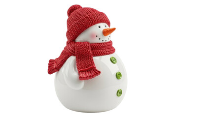 Isolated snowman figure with red knit hat and scarf on bright neutral presentation surface