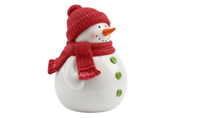 Isolated snowman figure with red knit hat and scarf on bright neutral presentation surface