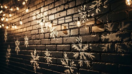 Festive string lights and snowflake patterns on a rustic brick wall