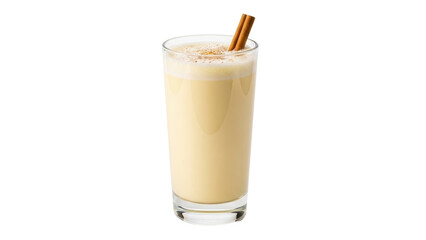 Isolated glass of eggnog beverage with two cinnamon sticks for holiday celebration