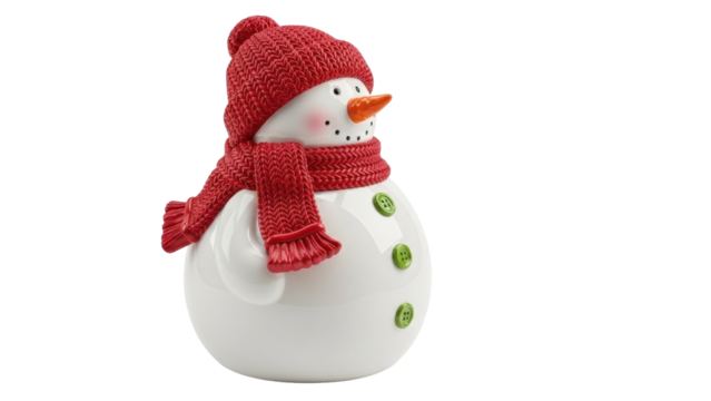 Isolated snowman figure with red knit hat and scarf on bright neutral presentation surface