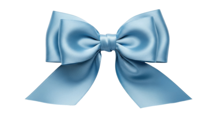 Isolated powder-blue ribbon bow, decorative silky ornament with pointed ends and beautiful folds