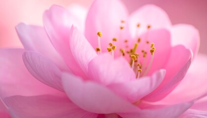 Naklejka premium Delicate pink flower close-up, revealing its petals and bright yellow stamen against a soft, blurred pink background