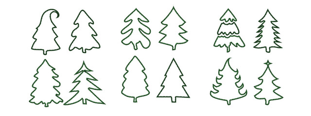 Christmas tree garland, wreath, and frame set with warm white and yellow lights. Realistic glowing pine branch decorations. Transparent background in vector file.