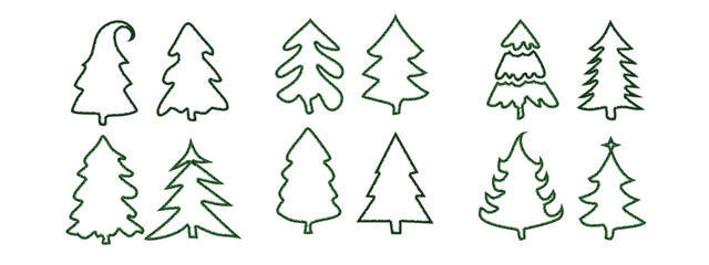 Christmas tree garland, wreath, and frame set with warm white and yellow lights. Realistic glowing pine branch decorations. Transparent background in vector file.