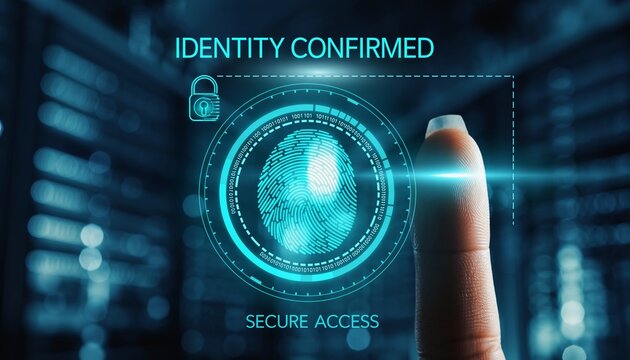 A person finger tapping a digital fingerprint for secure access with bright blue biometric interface glowing in a dark cyberspace background for identity protection and security system.
