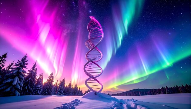 DNA helix atop snowy hill beneath aurora, framed by pine trees against vibrant pink and green celestial lights - Powered by Adobe