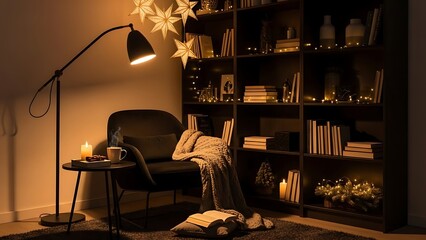 Cozy reading corner with warm ambient light and hot drink