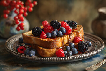 Delicious French toast topped with fresh berries on an elegant plate