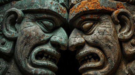 Ancient stone sculptures depicting mythological faces